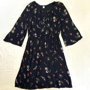 Old Navy Black Floral Prairie Peasant Midi Dress Buttons Sz L Boho Cottage Fairy